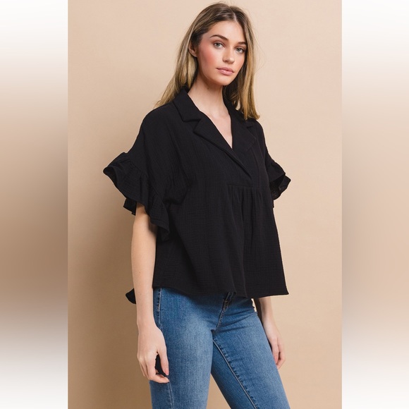 29 Boho Double Gauze Wide Collar Ruffle Sleeve Top - Picture 5 of 7